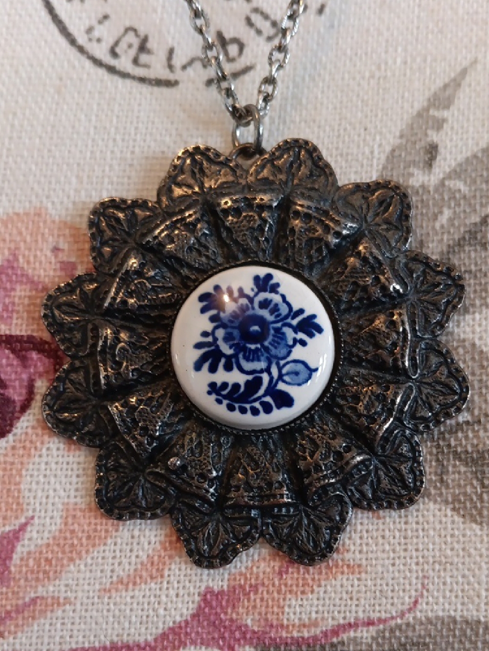 + Vintage Blue & White Floral Porcelain Pendant Necklace